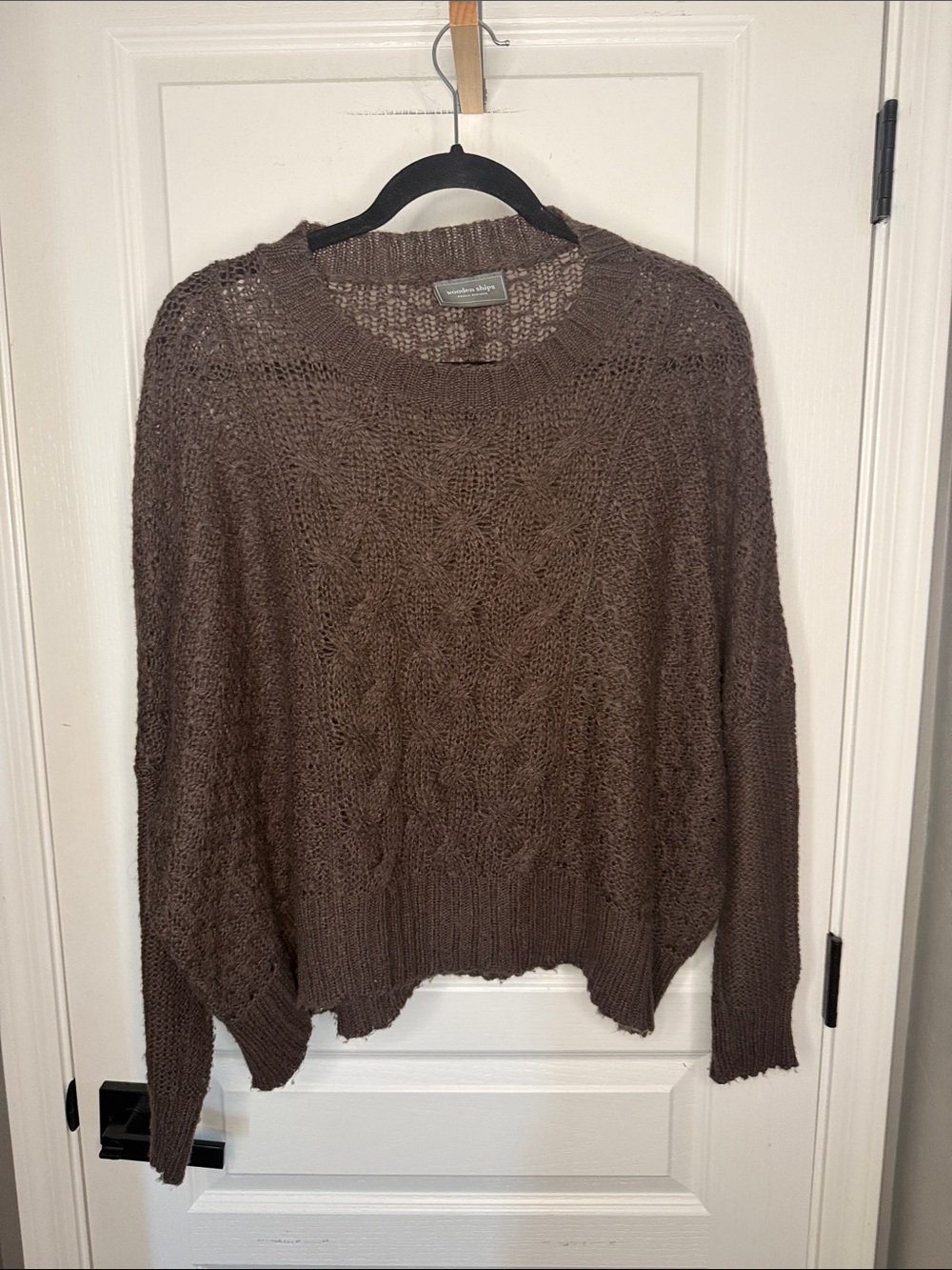 Wooden Ships Mohair Blend Chocolate Brown Open-Weave Crewneck Sweater